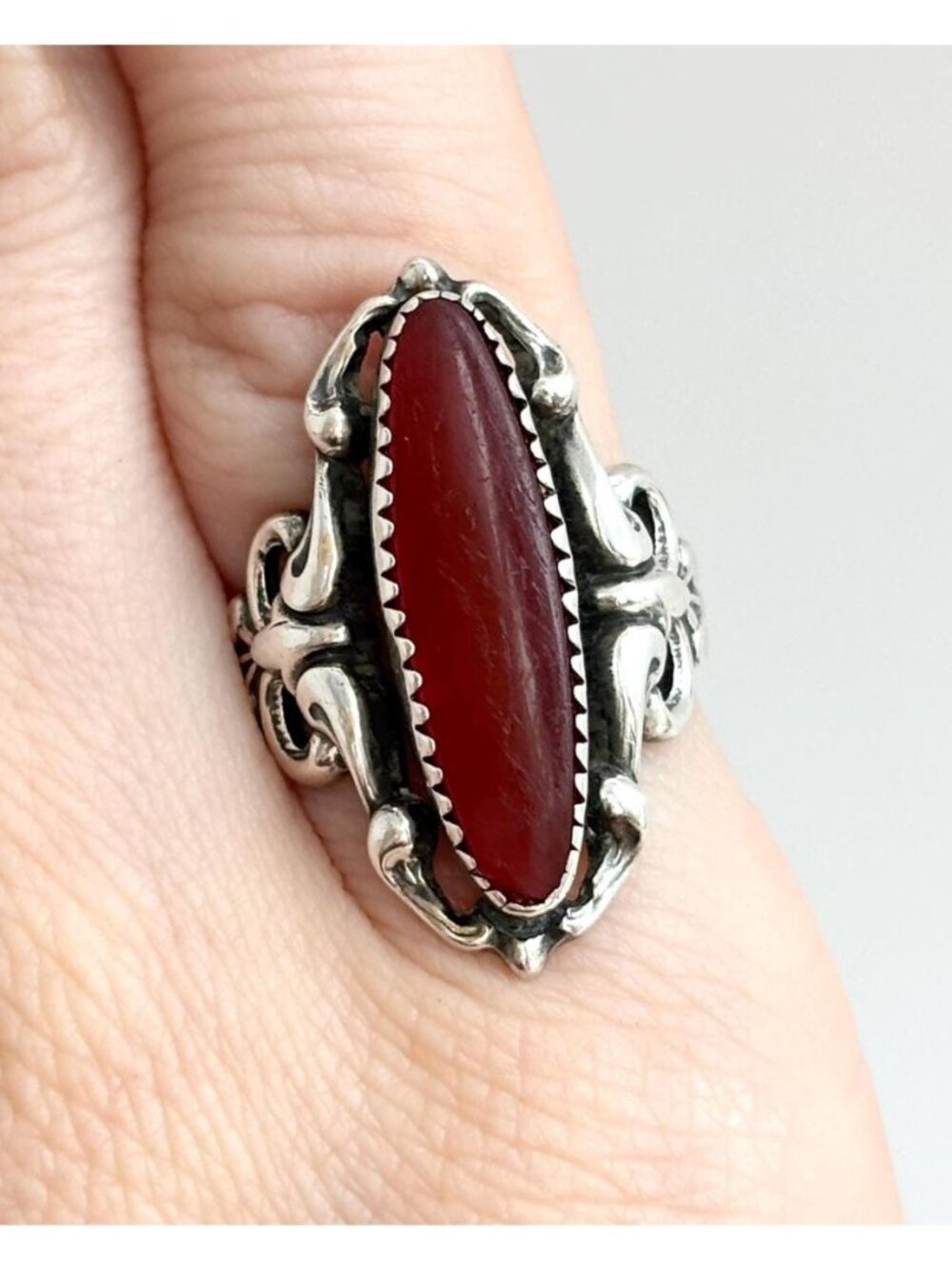 Carnelian Gemstone Jumbo Art Nouveau Sterling Silver 925 Vintage Ring - sz 5